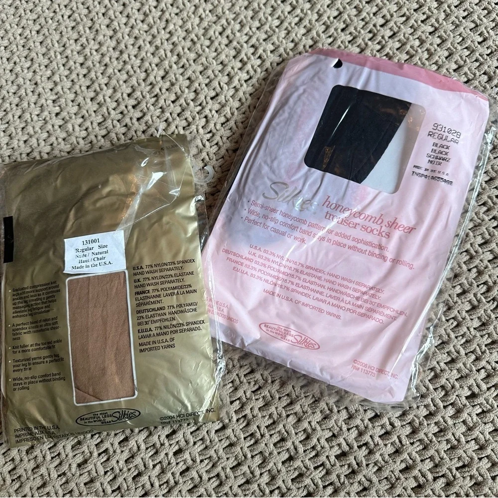Vintage Silkies Honeycomb Black Sheer Trouser Socks & Nude Ultra Compression NEW